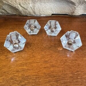 Set of 4 Vintage Hexagon Etched Lined 1.5 in. Glass Drawer Cabinet Knob